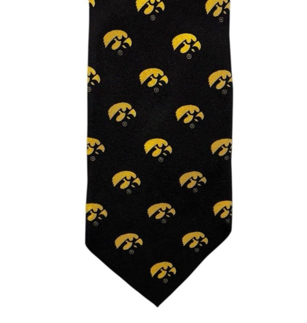 University of Iowa Logo Hawkeyes Black w/ Yellow Tie Silk. Campus Classics